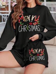 Women's Christmas Happy Letter Print Pajama Set, Drawstring Sports Shorts Set, 2 Pieces Set, Suitable For Home Wear, Sports Warmth, Suitable For Autumn/Winter Season - Black - View 3
