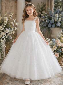 Tween Girl Mesh Patchwork Fashion Evening Dress Spaghetti Strap Dress - White - View 3