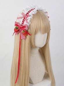 1件白色蕾絲髮箍配粉色蝴蝶結與緞帶，蘿莉塔風格時尚Cosplay女性髮飾 - 紅色 - 查看 2
