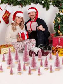 6pcs/1pc Christmas Tree DIY Bottle Brush Trees Pink Plastic Sisal Trees Miniature Snow Frost Fir With Wood Base For DIY Crafting,Displaying,Desktop Home Decoration Christmas Decoration - Multicolor - View 4