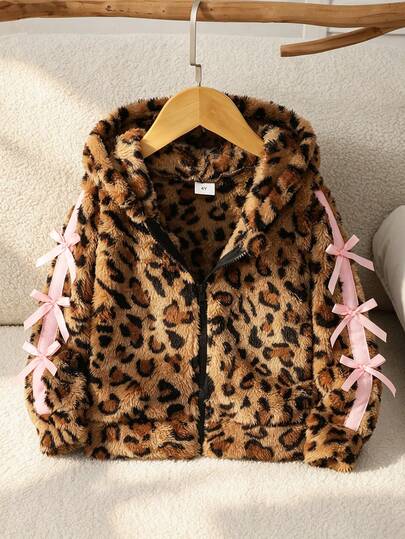 Girls 4-7 Years Old Double-Sided Plush Jacket, Sweet Pink Bow Leopard Print Hooded Sweatshirt, Comfortable And Warm, Suitable For Holiday Parties, School Outfits And Casual Daily Wear