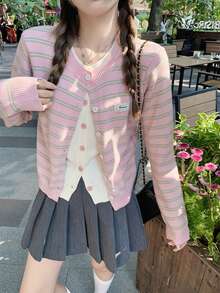 Pink Striped 2 In 1 Sweater Women's Autumn Gentle Loose Knit Cardigan Top - Pink - View 2