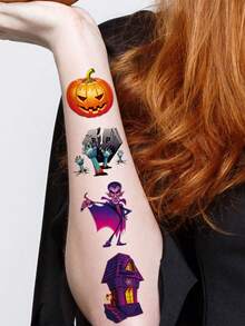 10 Lembar, Stiker Tato Pola Kartun Halloween, Tato Sementara Pola , Hantu, Kelelawar, Zombie, Kucing yang Lucu, Stiker Tato Palsu Tahan Air untuk Riasan Pesta Halloween - MultiWarna - View 8