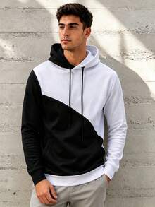 Men's Color Block Sweatshirt With Thermal Lined For Autumn/Winter - Black and White - View 4