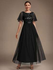 EVERPRETTY Elegant Luxury Heavy Embroidery Sequin Mesh Patchwork Ruffle Sleeve A-Line Black Formal Evening Gown Suitable For Evening Party Wedding Guest - Black - View 4