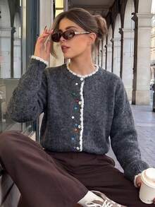 Women's Soft Plush Cardigan Sweater, Round Neck Colorful Button Knit Top, Suitable For Christmas, Halloween, Thanksgiving - Dark Grey - View 3