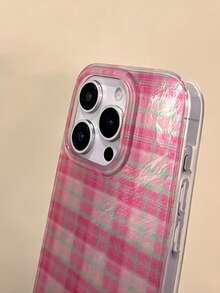 Vintage Rose Pink Plaid Glacier Phone Case, Compatible With IPhone 17 Pro Max 17 Pro 17 16 Pro Max 16 Pro 16 15 Pro Max 15 Pro 15 14 Pro Max 14 Pro 13 Pro Max 12 Pro Max 11, Fashionable Shockproof Anti-Drop Phone Case - Rose Pink - View 5