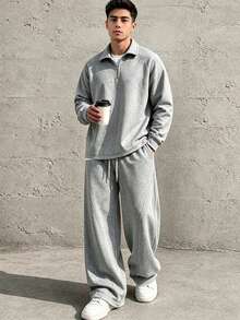 HEYKESON Men's Half-Zip Polo Collar Sweatshirt & Wide Leg Sweatpants 2 Pieces Set - Light Grey - View 1