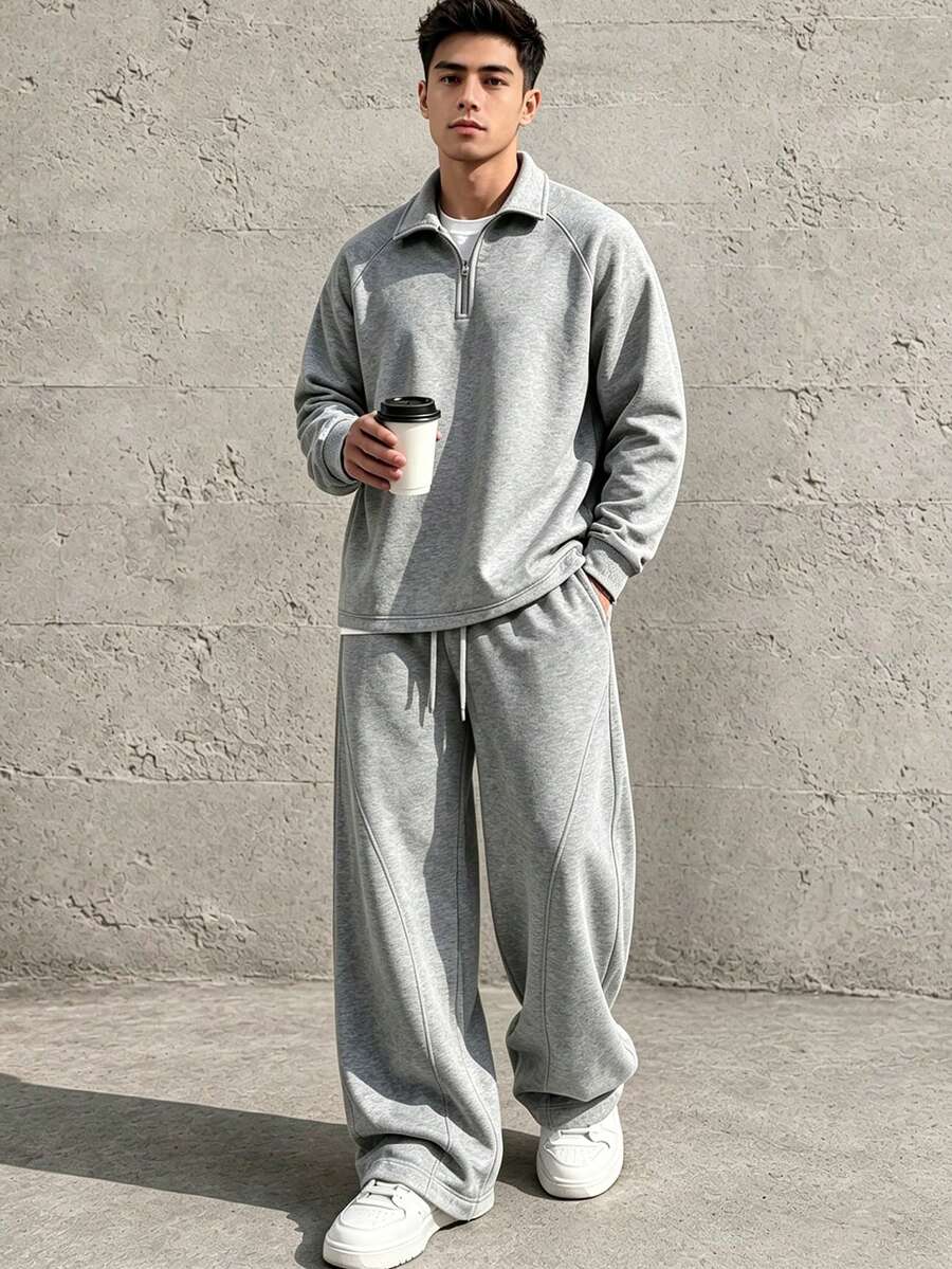 HEYKESON Men's Half-Zip Polo Collar Sweatshirt & Wide Leg Sweatpants 2 Pieces Set - Light Grey - View 1