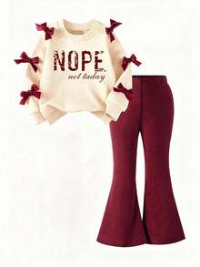Young Girl Letter Print Crew Neck Long Sleeve Top And Flare Pants Set - Apricot - View 2