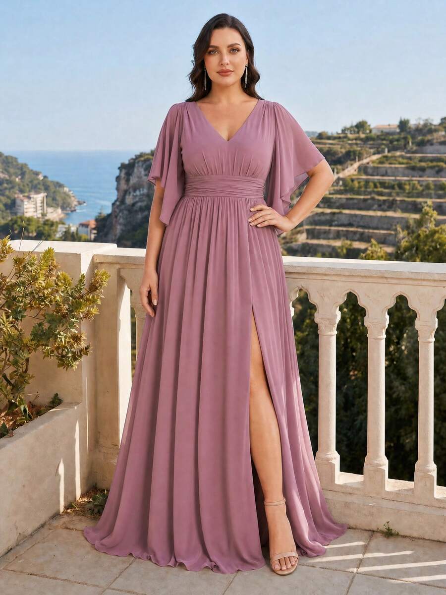 EVERPRETTY Elegant Chiffon Ruffle Sleeve Slit Thigh Length Bridesmaid Dress In Pink, Suitable For Autumn Wedding Guest Party Spring Fall - Dusty Pink - View 1