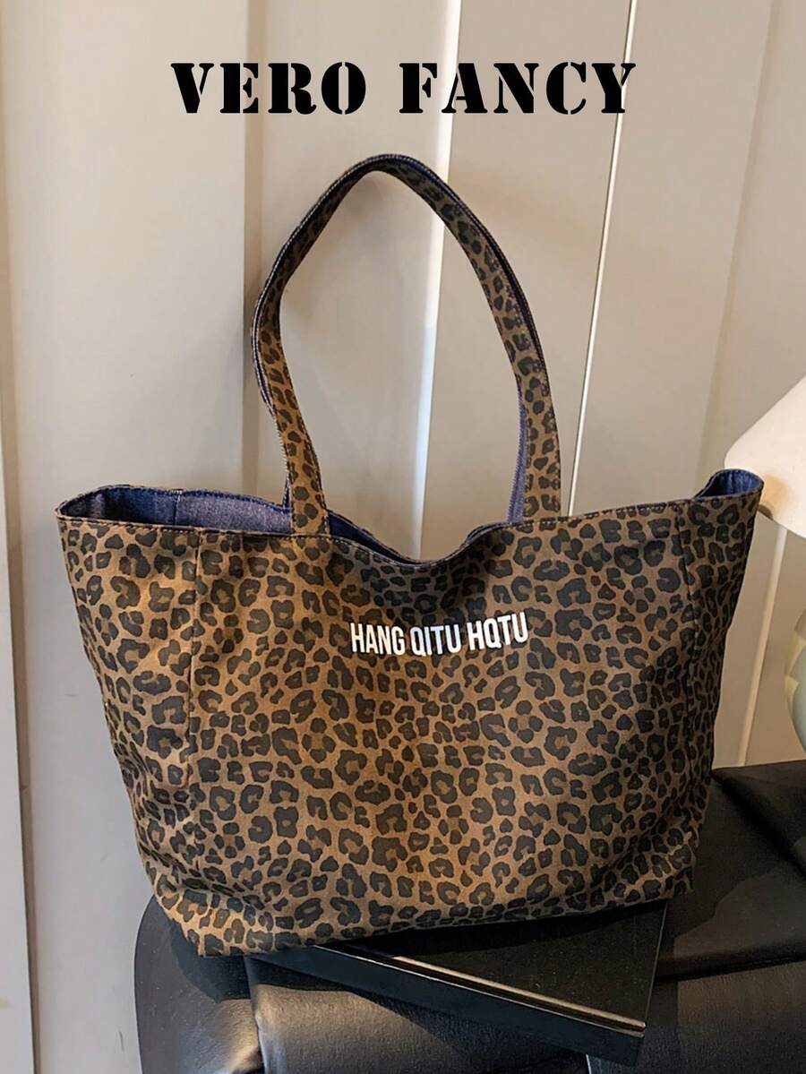Leisure Retro Artistic Style Practical Texture Leopard Print Tote Bag, Letter Decoration Design, Reversible, Suitable For Commuting And Gatherings
