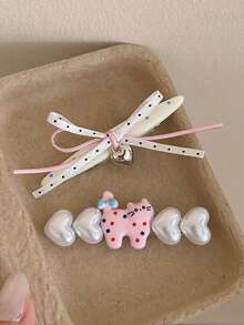 3/2pcs Cute Cartoon Blue Bear Hair Clip Set For Women, Bowknot Faux Pearl Decor Duckbill Hair Clips Hair Accessories - Strawberry - View 5