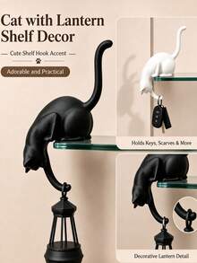 Cat Shelf Hook With Vintage Lantern, Bookshelf Decor, Cat With Lantern Shelf Decor, Whimsical Cat Shelf Accent For Bookcases &Reading Nooks A Vintage-Style Library Lantern Adds Character Decorative Bookshelf Light For Keys Desk Edge Bookshelf. - Regular Model - View 2