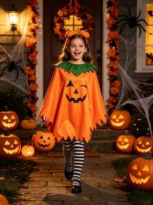 Halloween Pumpkin Cape With Green Leaf Collar And Jagged Hem, Holiday Party Cosplay Costume Shawl - Multicolor - View 3