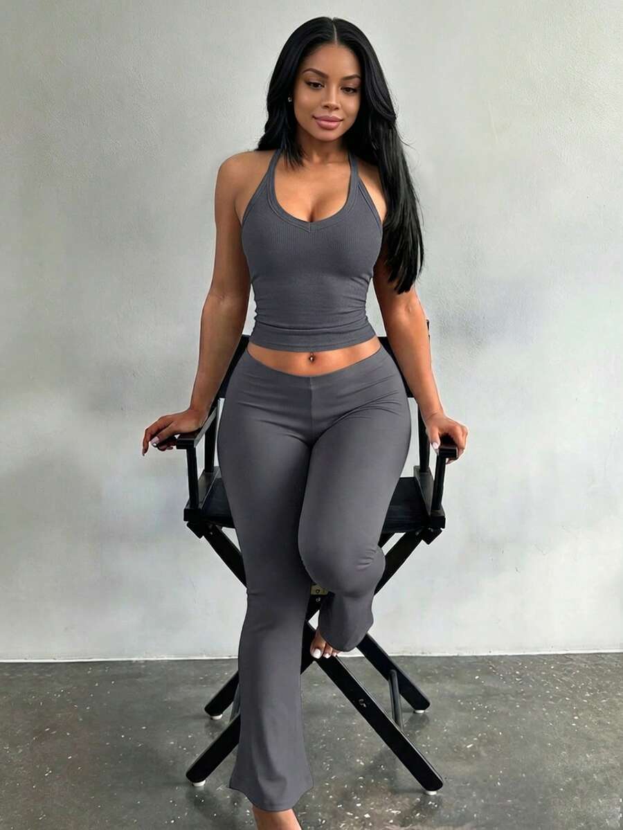 LovelyWholesale Women's Casual V-Neck Solid Color Ribbed Knit Tank Top And Pants 2-Piece Set Summer Outfit Elegant - Dark Grey - View 1