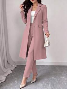 Women's Spring/Autumn Elegant Commute 2 Pieces Set, Long Waist-Cinching Vintage British Design Faux Pocket Button Detail Blazer Coat Paired With Simple Casual Straight-Leg Pants - Pink 25 - View 5