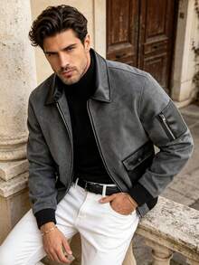 Men's Autumn/Winter Fashion Casual Jacket, Brown Minimalist Versatile Lapel PU Leather Jacket - Grey - View 2