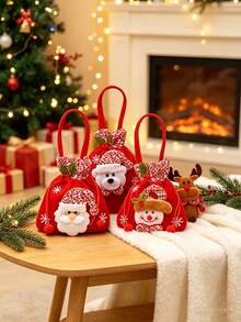 1pc Christmas Gift Bag With Plush Decoration, Portable Handle And Drawstring Closure. Multiple Styles Available. Perfect Storage Bag For Christmas Eve Small Gifts, Ideal For Holiday Gifting And Party Decoration. - Multicolor - View 5