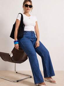 Push Up Tummy Hide High Waist Washed Blue Flare Leg Plus Size Woman Denim Jean - Blue - View 3
