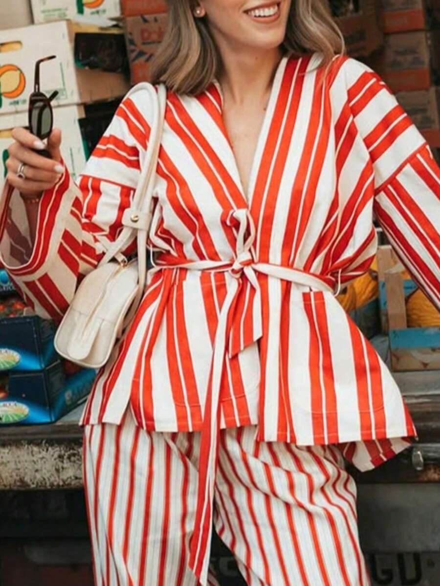 New Random Stripe Colorblock Belted Cardigan Jacket For Women, Vacation Daily Travel All Seasons - Red Apricot Stripe - View 1