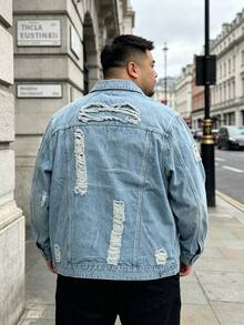 Men Denim Jacket Loose Plus Size Light Blue Ripped Distressed Long Sleeve Button Front Coat With Chest Pockets Casual Streetwear Outerwear - Baby Blue - View 2
