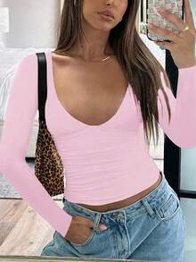 Fashionable Sexy V-Neck Tight Fit Long Sleeve Base Layer Top, Spring/Summer New Arrival Casual - Baby Pink - View 2