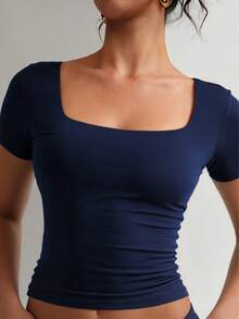 XLLAIS Women's Basic Solid Color Square Neck Short Sleeve Casual Stretchy Fitted T-Shirt Summer - Royal Blue - View 1