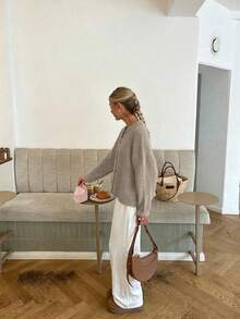 Sookaug Oversized Sweet Youthful Khaki Sweater Cardigan Women's Loose Soft Knit Fall/Winter Versatile - Khaki - View 8