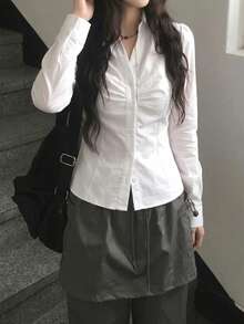 Korean Style Slim Fit Flattering Collar Waist-Cinching Versatile Short Sleeve Shirt - White - View 9
