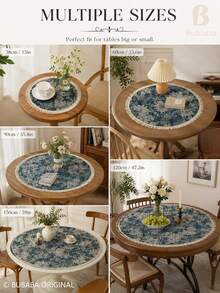 Vintage Blue Floral Round Tablecloth With Fringe, Woven Polyester Cotton Table Cover For Dining Table, Coffee Table, Side Table & Home Decor - Blue - View 2