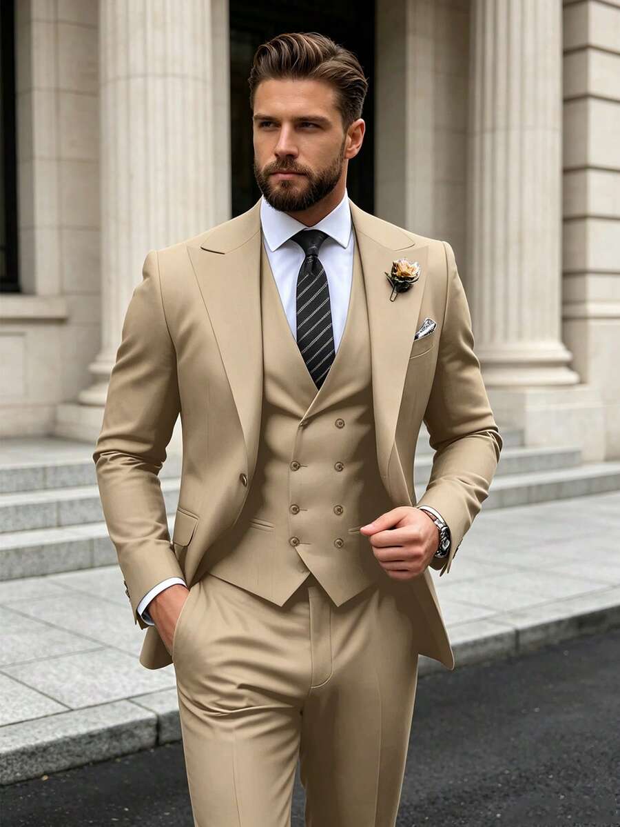 Men's 3 PiecesElegant Suit Set, Solid Color Slim Fit, Wedding Suit Jacket, Double-Breasted Vest, Pants, Formal Business Suit Set, Party & Ball - Champagne - View 1