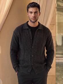 Jaket Kardigan Rajut Kabel Vertikal Vintage Pria, Sweater Longgar Bertekstur Hitam Abu-abu - Hitam - View 8