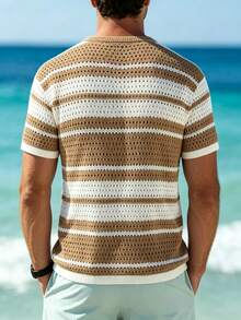 New Arrival Men's Casual Striped Crew Neck Comfortable Knit Short Sleeve Top - Apricot - View 6