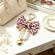Y2K Leopard Print Bow Bag Charm, Pearl Tassel Heart‑Shaped Keychain Pendant, Gold Heart Hook Backpack Handbag Hanging Ornament For Girl Gift - Bow Knot Pearl Heart Bag Charm - View 7