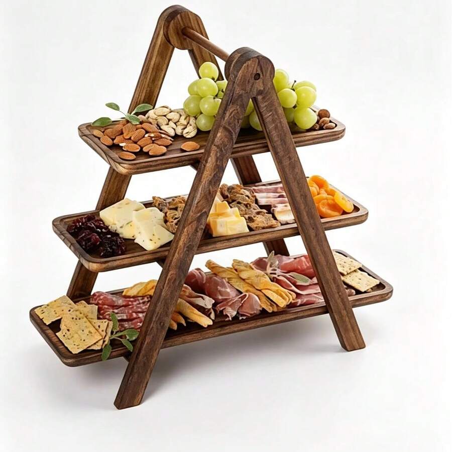 Wooden 3-Tier Folding Snack Rack, Fruit And Dessert Storage Stand - Brown - View 1
