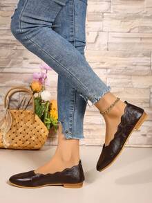 Women's Round Toe Petal Lace Trim Shallow Flat Ballet Shoes, Retro Artistic Style, Comfortable Commuter Driving Loafers For Spring And Autumn - Brown - View 5