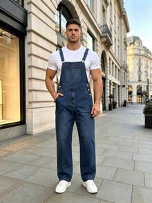 Men's Dark Blue Denim Dungarees Adjustable Straps Work Overalls - Navy Blue - View 9