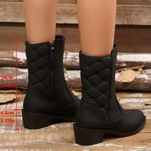 Women's New Vintage Pointed Toe Mid-Calf Boots Quilted Patchwork Side Zipper Chunky Heel Autumn/Winter Solid Color Western Style Holiday Shoes - Black - View 8