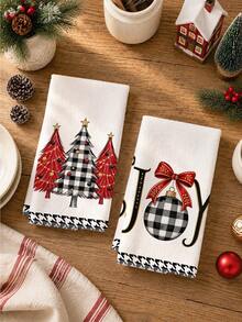 2pcs Christmas Black Plaid Christmas Tree & Christmas Ball Illustration Pattern Kitchen Towels, Soft Polyester Material Dish Cloths, Suitable For Kitchen Decor, Kitchen Cleaning, Holiday Party Decoration, Kitchen & Bathroom Supplies Home Essentials, Home Decor, Housewarming Gift - Multicolor - View 6