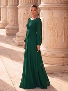 EVERPRETTY Fall Women's Dark Green Formal Evening Maxi Dress For Wedding Guests With Long Sleeves Ruched Waistband And Flowing Chiffon Mother Of The Bride Dress - Dark Green - View 7