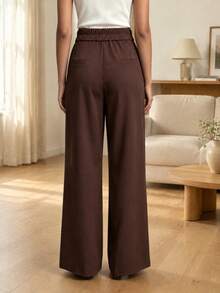 Women's High Waist Wide Leg Trousers, Pleated Tailored Pants With Belt Detail, Elegant Loose Fit Workwear For Office & Daily Wear - Coffee Brown - View 3
