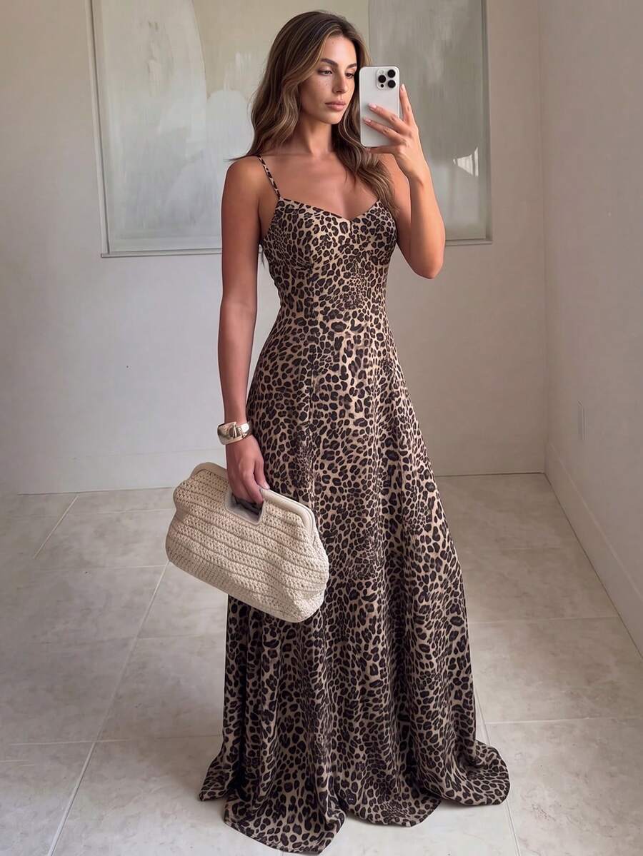 Women's Elegant Leopard Print Long Slip Dress, Apricot & Black, Spring/Summer - Apricot - View 1