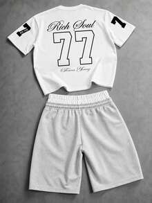 2pcs Men's College Style Printed T-Shirt & Double Waistband Shorts Set, Vintage Streetwear, Drawstring Shorts Design, Suitable For Summer, Daily, Travel And Hip-Hop Streetwear - Multicolor - View 2