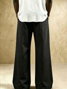 [Streetwear Choice]1pc Men's Black Woven Flared Casual Pants, Practical Pockets, Leg-Flattering Bell Bottom Hem, American Vintage Style, All-Season Flared Fit, Travel Outfit Long Pants - Black - View 3