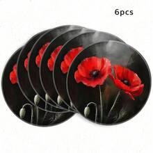 1/4/6pcs Dark Red Poppy Hand-Painted Pattern Placemats, Suitable For Home Kitchen, Made Of Polyester Fiber, Kitchen Table Decoration, And Party Scene Decoration - Multicolor - View 10