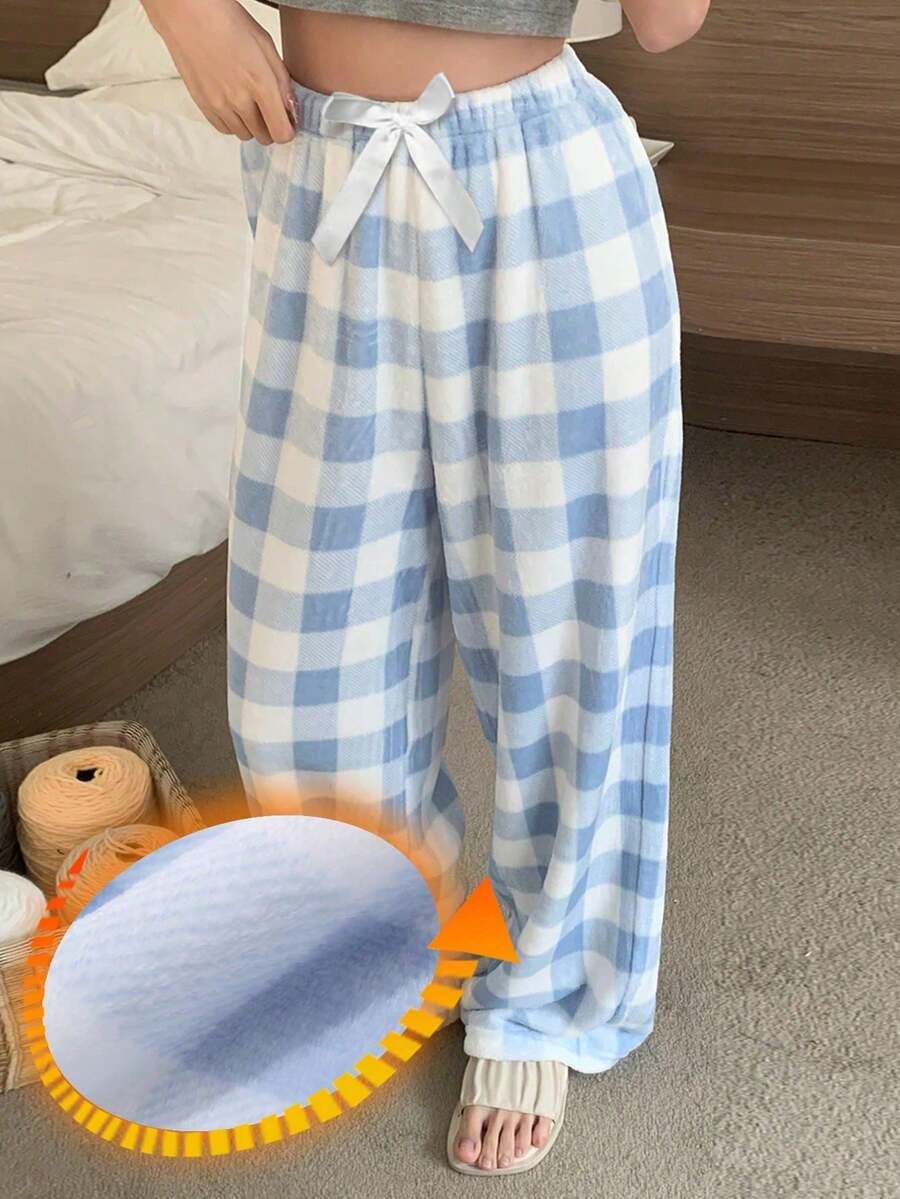 Quần ngủ flannel kẻ caro xanh trắng tươi mới, ống rộng suông rộng có dây rút, quần dài dày ấm mặc nhà thường ngày cho mùa thu/đông - Nhiều màu - Xem 1