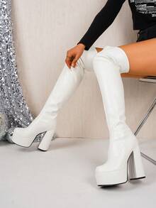 Women's Boots Thick Sole High Heel Round Toe Over-The-Knee Wedge Fashion Boots - White - View 2