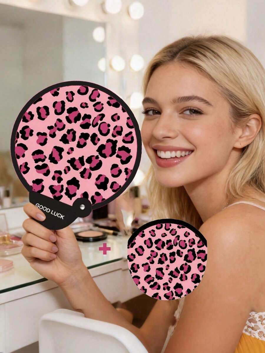 1 Stück rosa Leopardenmuster Faltfächer, tragbarer Handventilator, geeignet für Outdoor, Make-up, Cosplay, Geburtstagsparty - Verschiedenfarbig - Übersicht 1