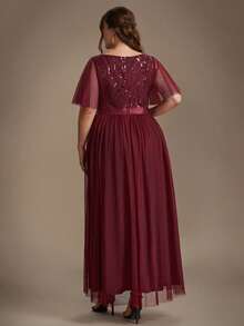 EVERPRETTY Plus Size Elegant Luxury Heavy Embroidery Sequin Mesh Patchwork Ruffle Sleeve A-Line Burgundy Formal Evening Gown For Evening Party Wedding Guest - Burgundy - View 4